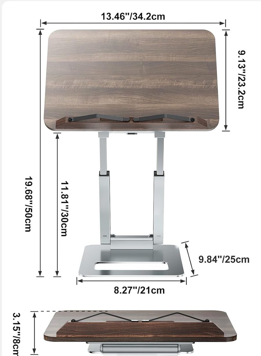 Dimension drawing: board 13.46 by 9.13 inches, maximum height 19.68 inches, base 8.27 by 9.84 inches, folded 3.15 inches